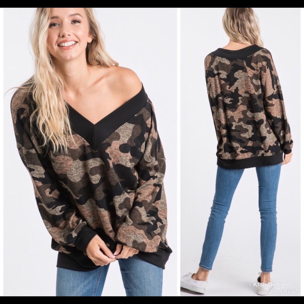 Wide V-Neck Relaxed Fit Camo Top - Picture 2 of 7